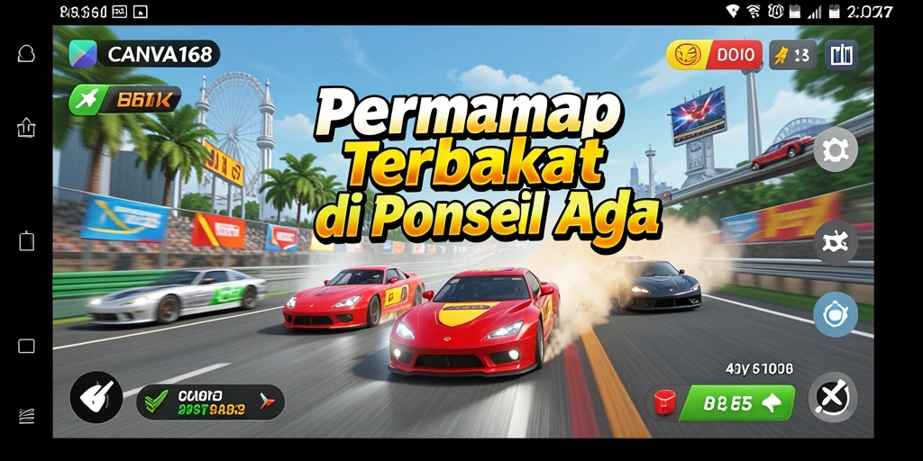 Screenshot gameplay CANVA168 menampilkan balapan yang mendebarkan dan kendaraan keren.