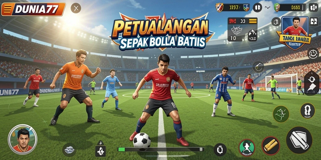Tampilan gameplay DUNIA77 yang mendebarkan di lapangan sepak bola.