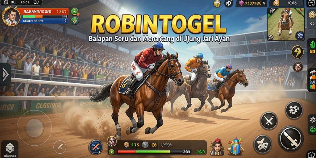 Screenshot utama gameplay ROBINTOGEL menampilkan aksi balapan yang seru.